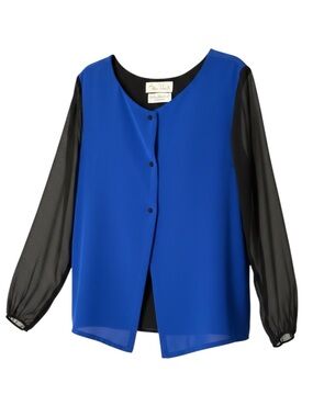 Sylvia Heisel for Wilkes Bashford Blue and Black Sheer-Sleeve Blouse